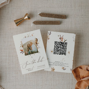 Boho Autumn Wildflower Beige Photo Frame QR Code Save The Date