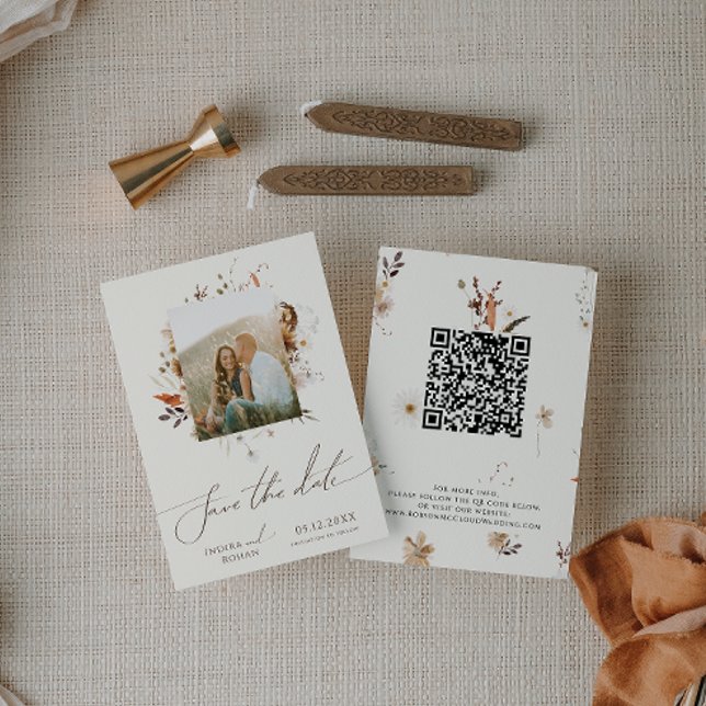 Boho Autumn Wildflower | Beige Photo Frame QR Code Save The Date (Creator Uploaded)