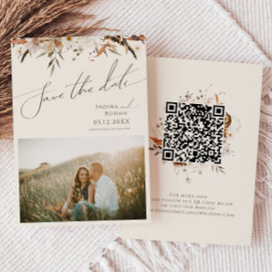 Boho Autumn Wildflower Beige Photo QR Code Save The Date