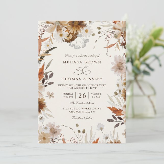 Boho Autumn Wildflower Beige QR Code Wedding Invitation (Standing Front)