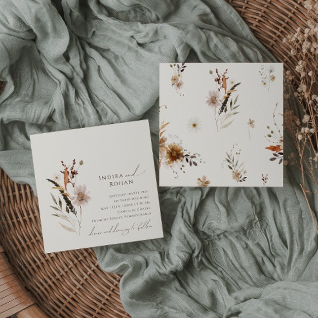 Boho Autumn Wildflower | Beige Square Wedding Invitation (Creator Uploaded)