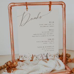 Boho Autumn Wildflower Beige Wedding Drinks Menu Poster
