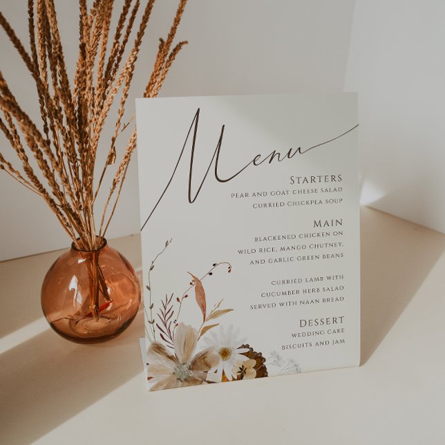 Boho Autumn Wildflower | Beige Wedding Menu Pedestal Sign (Creator Uploaded)