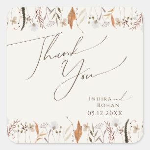 Boho Autumn Wildflower   Beige Wedding Thank You Square Sticker