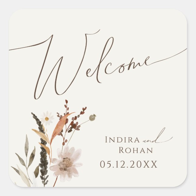 Boho Autumn Wildflower | Beige Wedding Welcome Square Sticker (Front)