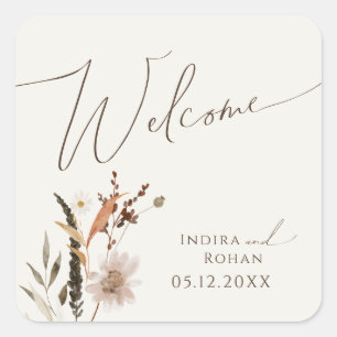 Boho Autumn Wildflower   Beige Wedding Welcome Square Sticker
