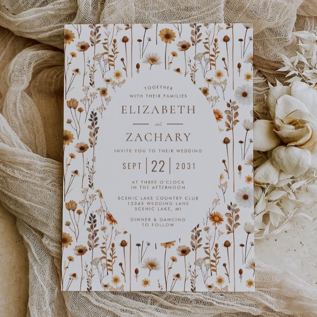 Boho Autumn Wildflower Pattern Brown Beige Wedding Invitation (Creator Uploaded)