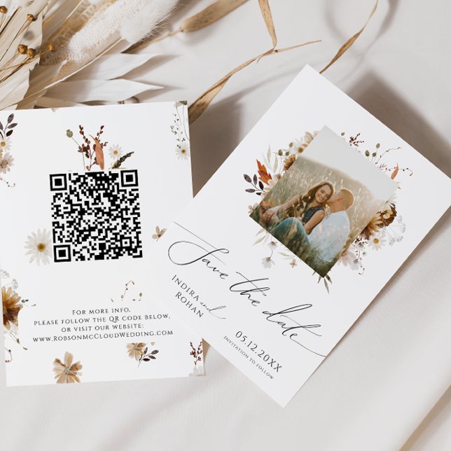 Boho Autumn Wildflower | Photo Frame QR Code Save The Date (Creator Uploaded)