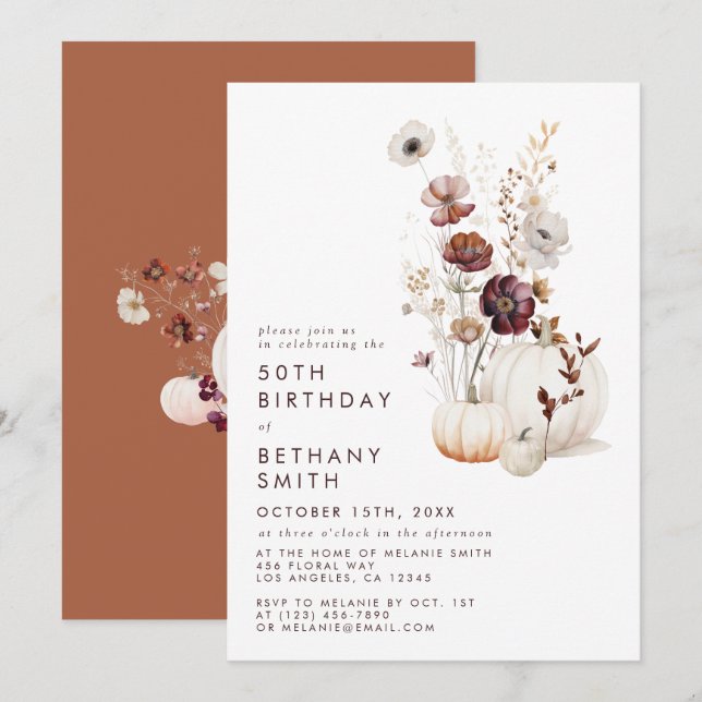 Boho Autumn Wildflower Pumpkin Birthday Party Invitation (Front/Back)