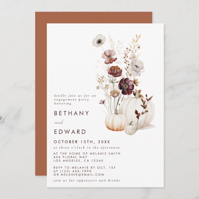 Boho Autumn Wildflower Pumpkin Engagement Party Invitation (Front/Back)