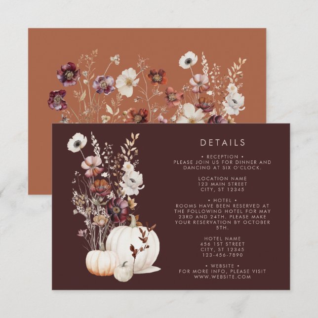 Boho Autumn Wildflower Pumpkin Wedding Enclosure Card (Front/Back)