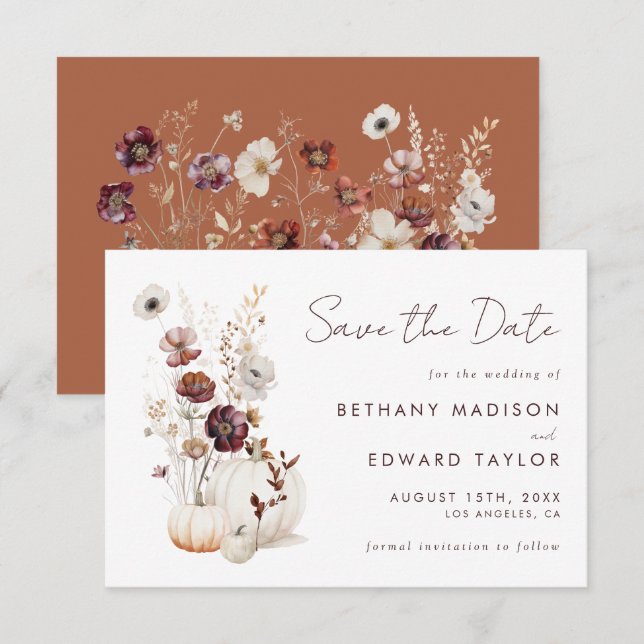 Boho Autumn Wildflower Pumpkin Wedding Save The Date (Front/Back)