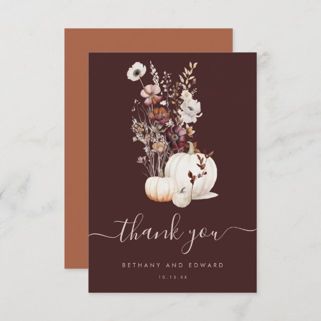 Boho Autumn Wildflower Pumpkin Wedding Thank You Card (Front/Back)