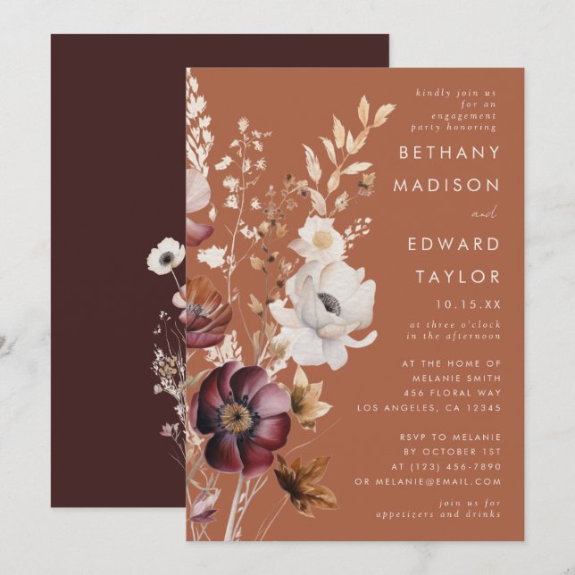 Boho Autumn Wildflower Terracotta Engagement Party Invitation (Front/Back)