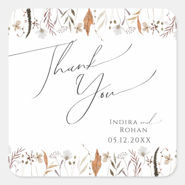 Boho Autumn Wildflower | Wedding Thank You Square Sticker (Front)