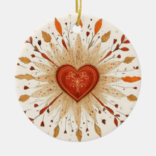 Boho Autumnal Heart Illustration Ceramic Tree Decoration