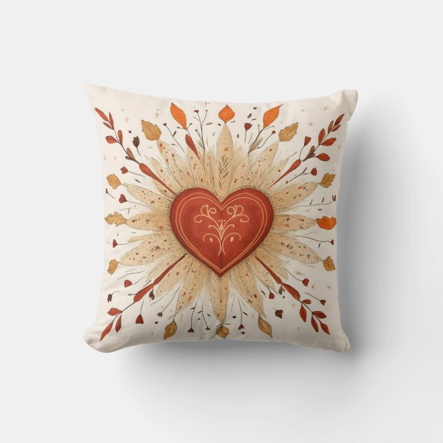 Boho Autumnal Heart Illustration Cushion (Front)