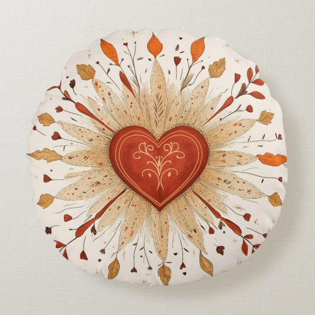 Boho Autumnal Heart Illustration Round Cushion (Front)