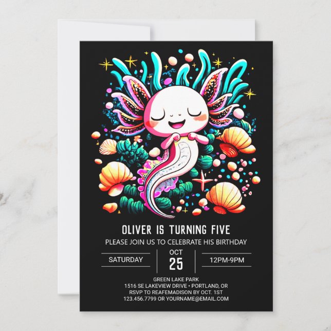 Boho Axolotl Kids Birthday Invitation (Front)