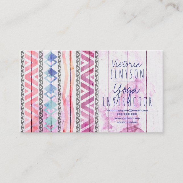 Boho aztec wood watercolor yoga instructor business card (Front)