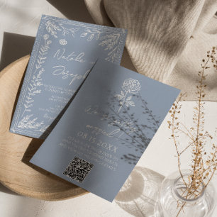 Boho Azure Blue Floral Botanical QR Code Wedding Invitation
