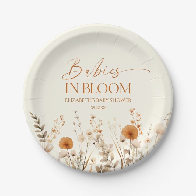 Boho Babies In Bloom Wildflower Twins Baby Shower Paper Plate (Front)
