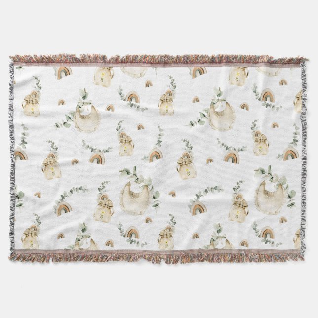 Boho Baby Bibs Rainbows Botanical Greenery Pattern Throw Blanket (Front)