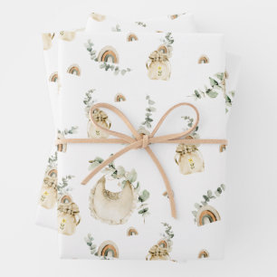 Boho Baby Bibs Rainbows Botanical Greenery Pattern Wrapping Paper Sheet