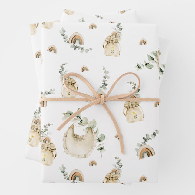 Boho Baby Bibs Rainbows Botanical Greenery Pattern Wrapping Paper Sheet (In situ)