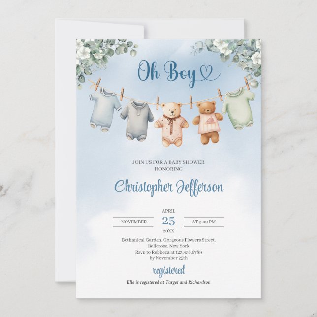 Boho Baby Blue clothes Eucalyptus Baby Shower Boy  Invitation (Front)