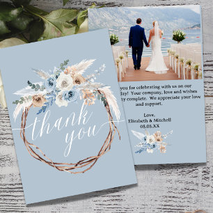 Boho Baby Blue Photo Wedding Thank You Card