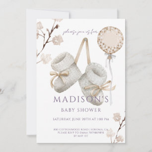 Boho Baby Booties Muted Cream White Baby Shower  Invitation