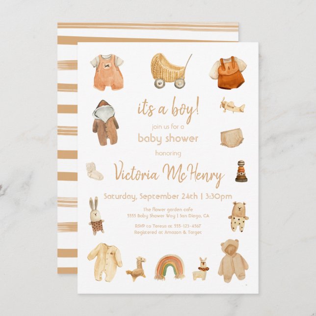 Boho Baby Boy Clothes & Toys Baby Shower Invitation (Front/Back)