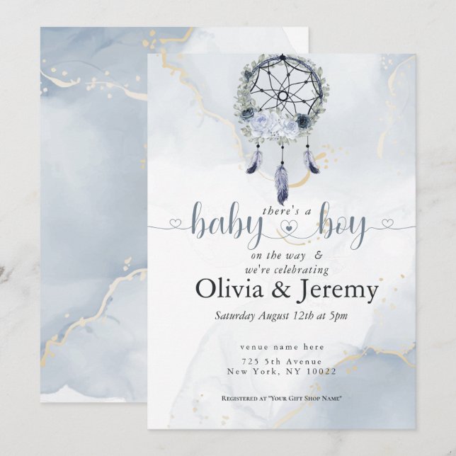BOHO Baby Boy  Dusty Blue Dreamcatcher  Invitation (Front/Back)