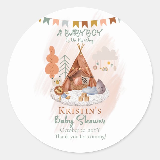 Boho Baby Boy Teepee and Toys Baby Shower Classic Round Sticker (Front)