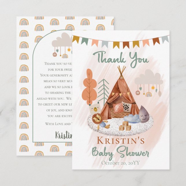 Boho Baby Boy Teepee | Toys Baby Shower  Thank You Card (Front/Back)