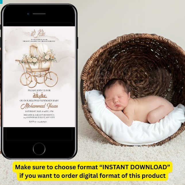 Boho Baby Carriage Aqiqah Unisex Muslim Newborn Invitation (Creator Uploaded)
