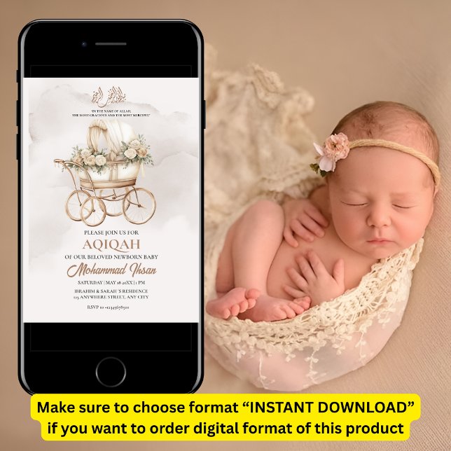 Boho Baby Carriage Aqiqah Unisex Muslim Newborn Invitation (Creator Uploaded)