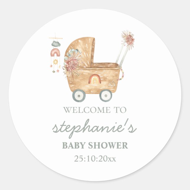 Boho Baby Carriage Baby Shower Welcome To Classic Round Sticker (Front)