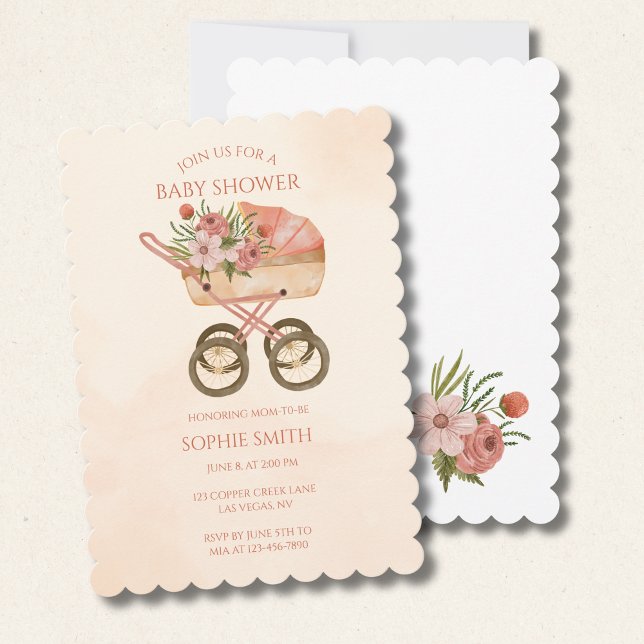 Boho Baby Carriage Watercolor Floral Baby Shower Invitation (Creator Uploaded)