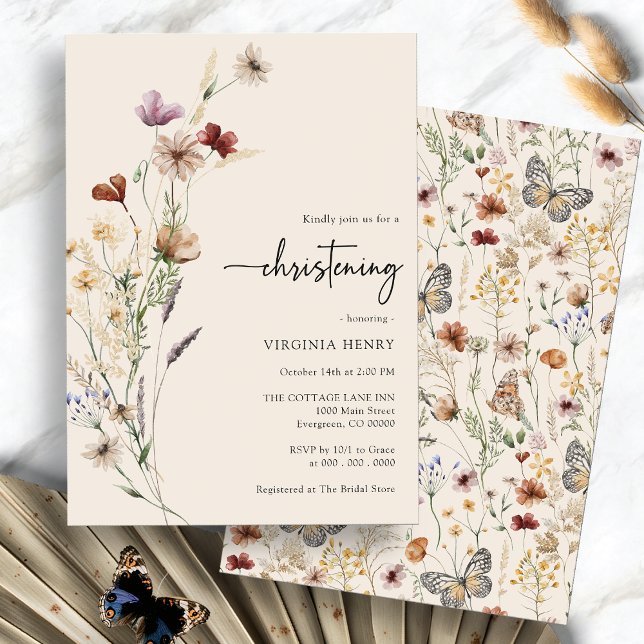 Boho Baby Christening Invitation (Boho Watercolor Floral Baby Christening Invitation by Painted Paperie
)