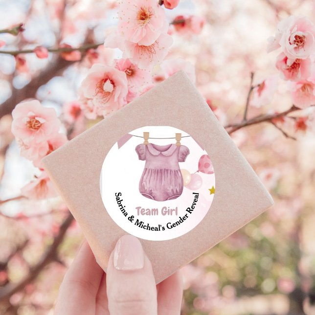 Boho  Baby Clotheline Gender Reveal Team Girl Classic Round Sticker (Creator Uploaded)