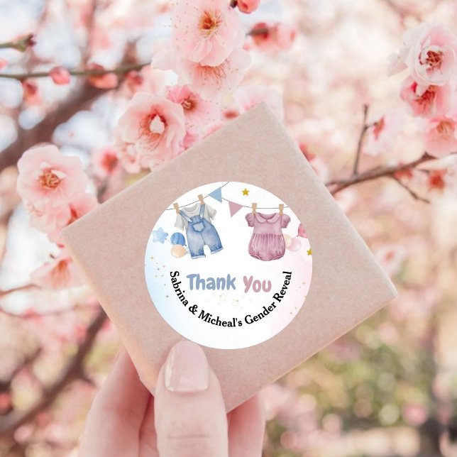 Boho  Baby Clotheline Gender Reveal Thank you Classic Round Sticker (Creator Uploaded)