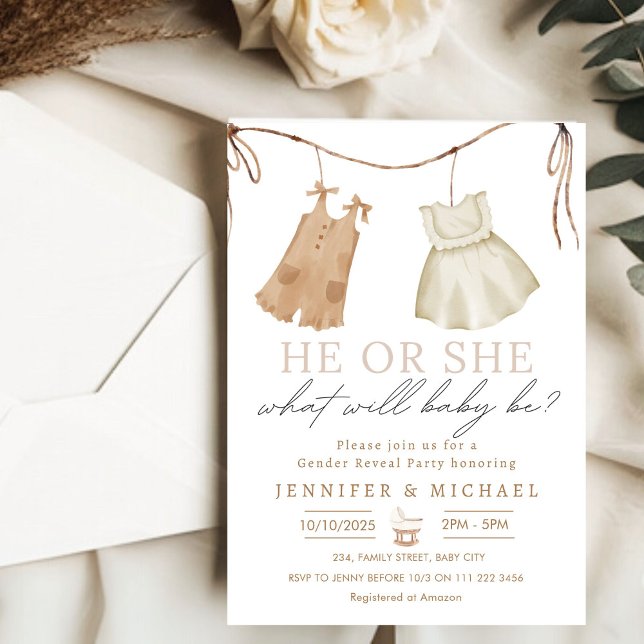 Boho Baby Clothes Gender Reveal  Invitation (Boho Baby Clothes Gender Reveal Invitation)
