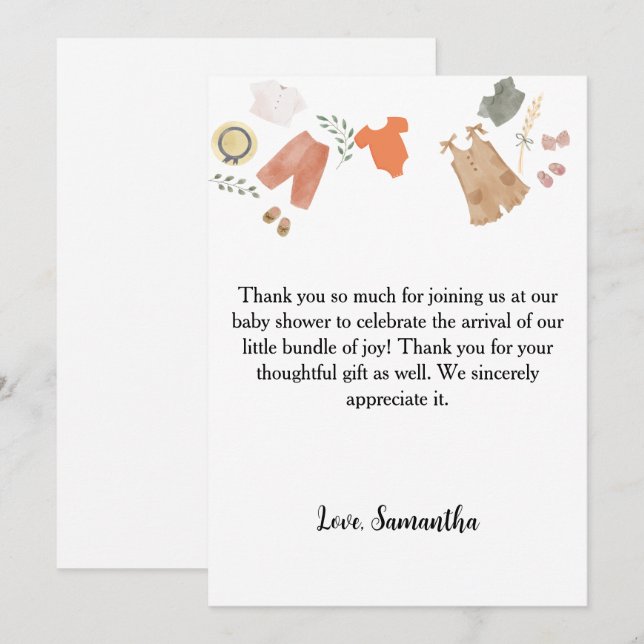 Boho baby clothes thank you baby shower card (Front/Back)