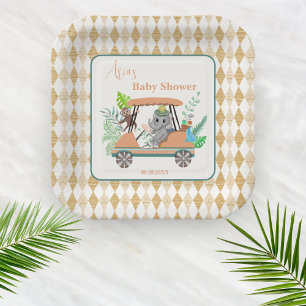Boho Baby Elephant And Monkey Golf Baby Shower Paper Plate