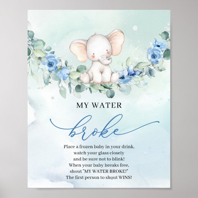 Boho Baby elephant blue floral My Water Broke game Poster (Front)