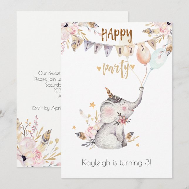 Boho Baby Elephant Little Girl's Birthday Party Invitation (Front/Back)