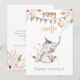 Boho Baby Elephant Little Girl's Birthday Party Invitation