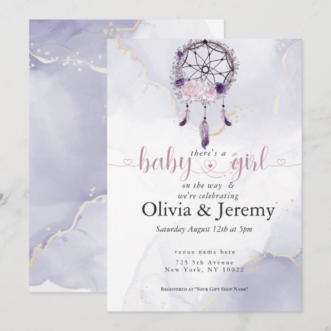 BOHO Baby Girl Amethyst Dusty Rose Dreamcatcher Invitation (Front/Back)